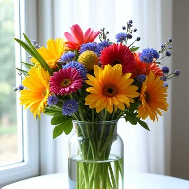 A vibrant and colorful birthday bouquet arranged in a clear glass vase, filled with spring flowers.