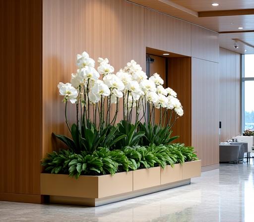 A sophisticated floral display at a corporate entrance, featuring tall white orchids and elegant greenery.