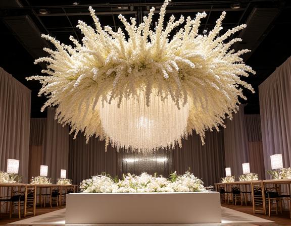A large, striking floral installation hanging gracefully from the ceiling at a modern corporate event.