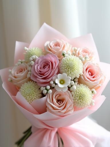 A soft, pastel-toned bouquet perfect for Mother's Day, with roses, hydrangeas, and delicate filler flowers.