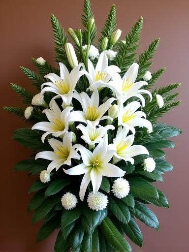 A dignified standing spray of white lilies and carnations, adorned with green foliage for a funeral service.