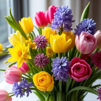 A vibrant table arrangement of mixed seasonal flowers, including tulips, daffodils, and hyacinths.