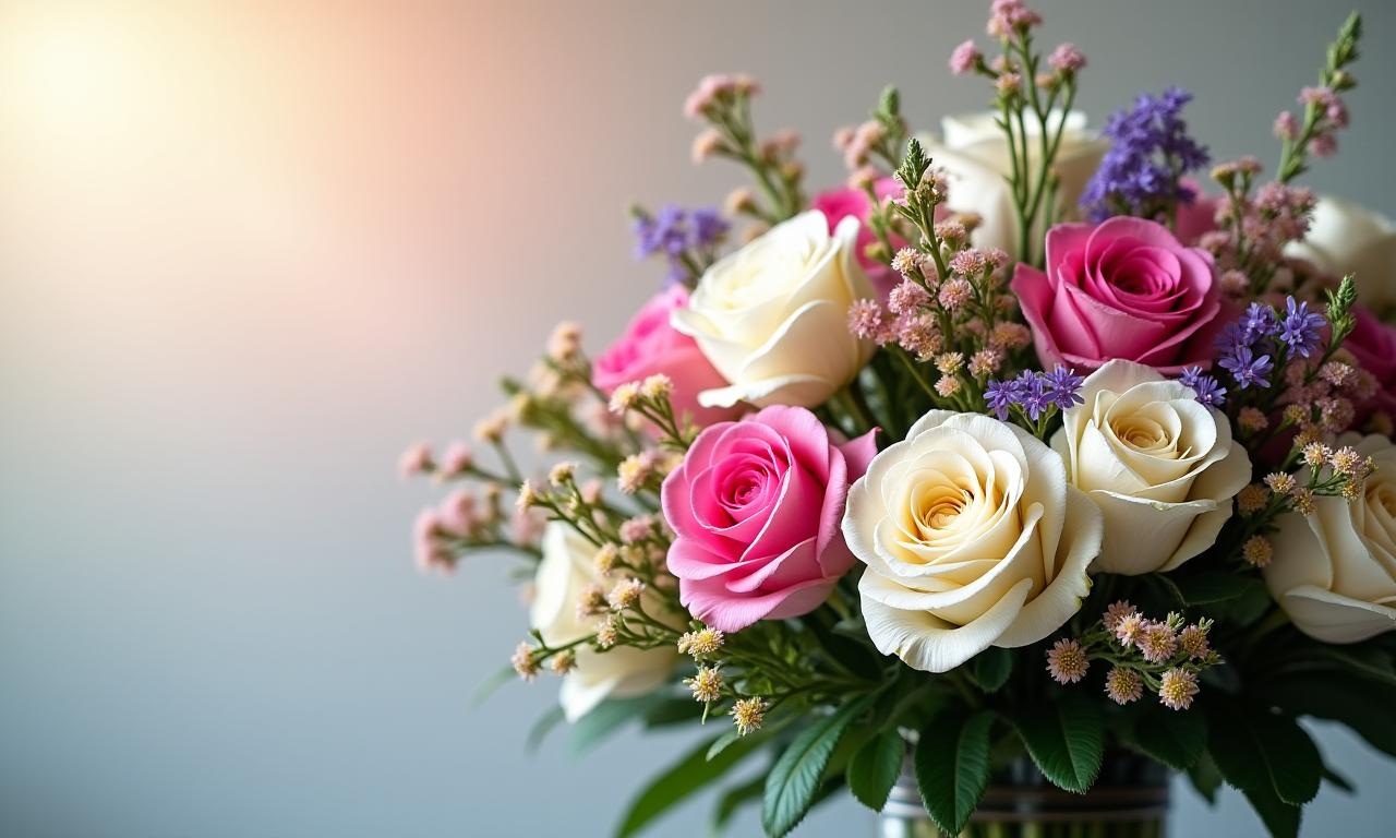A stunning and lush bouquet of flowers featuring roses and local Nova Scotian wildflowers, set against a soft, dreamy background.