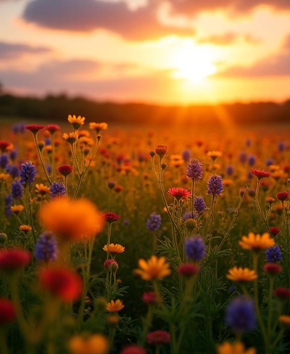 A field of vibrant wildflowers at a local farm in Nova Scotia bathed in the warm light of a sunrise.