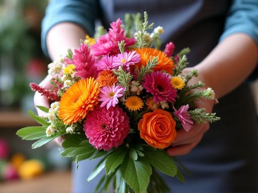 A florist's hands carefully arranging a vibrant, custom bouquet with various colorful blooms.