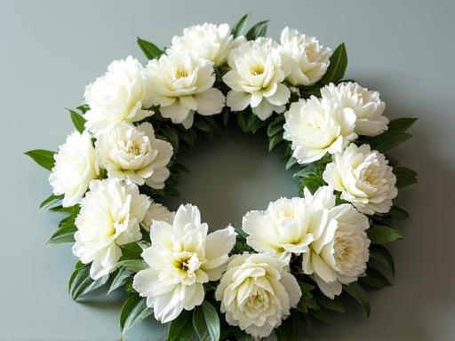 A tasteful white floral wreath for a sympathy tribute, featuring lilies and carnations.