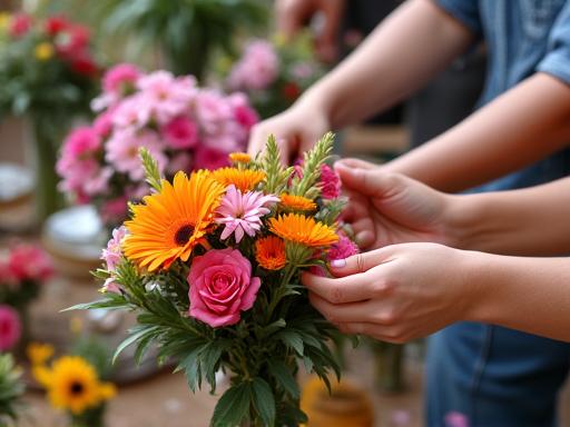 Close-up of hands arranging flowers with enthusiasm during a floral workshop, surrounded by petals and tools.